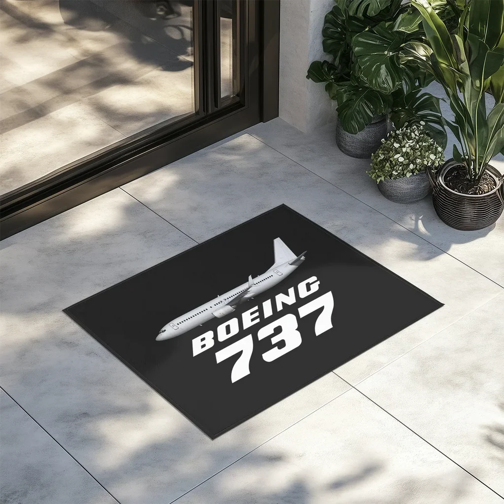 The Boeing 737 aviation design on durable fibre with non-slip backing door mat.