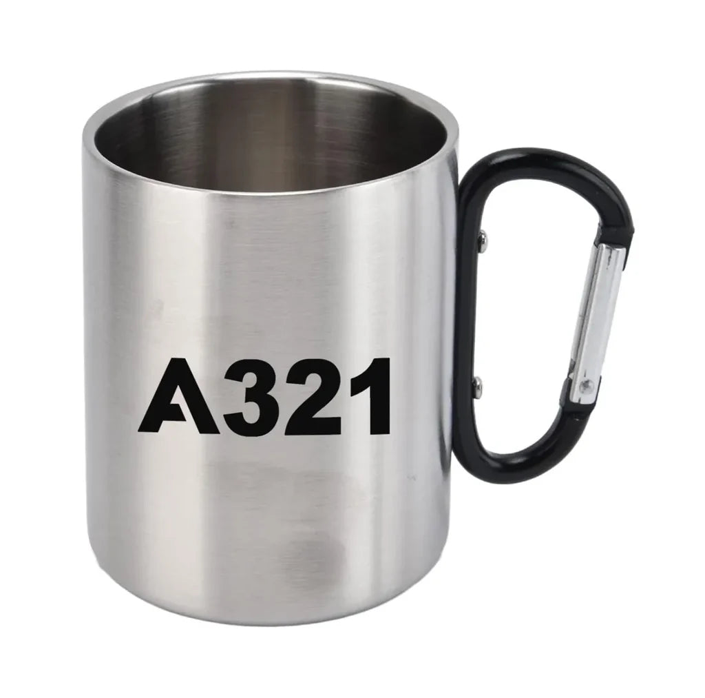 Airbus A321 Flat Text aviation design on outdoor mug, durable insulated construction.