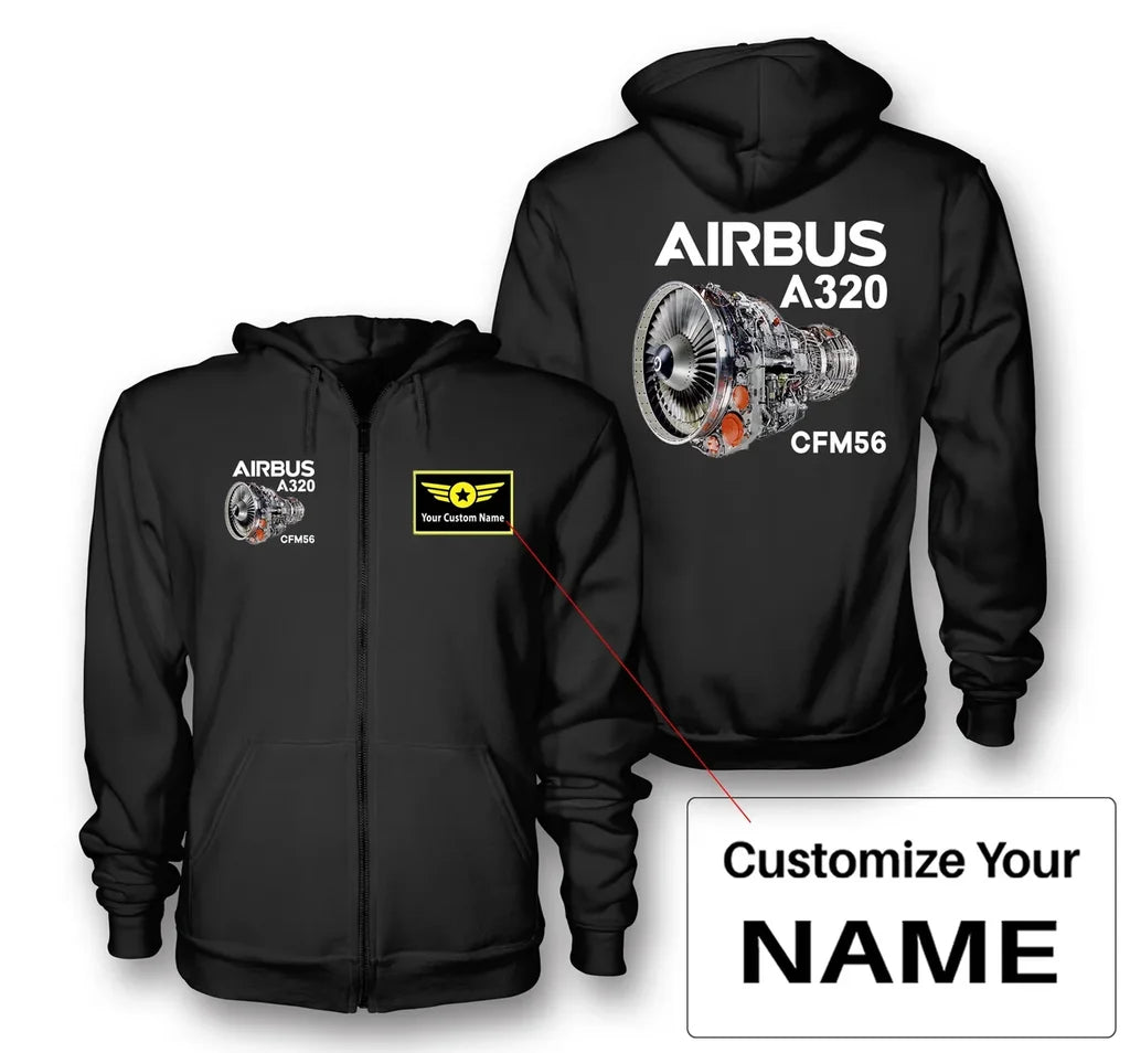 Airbus A320 & CFM56 Engine aviation design on soft cotton blend zipped hoodie.