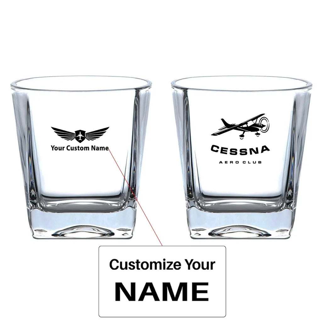 Cessna Aeroclub aviation design on whiskey glass, crystal-clear premium glassware.