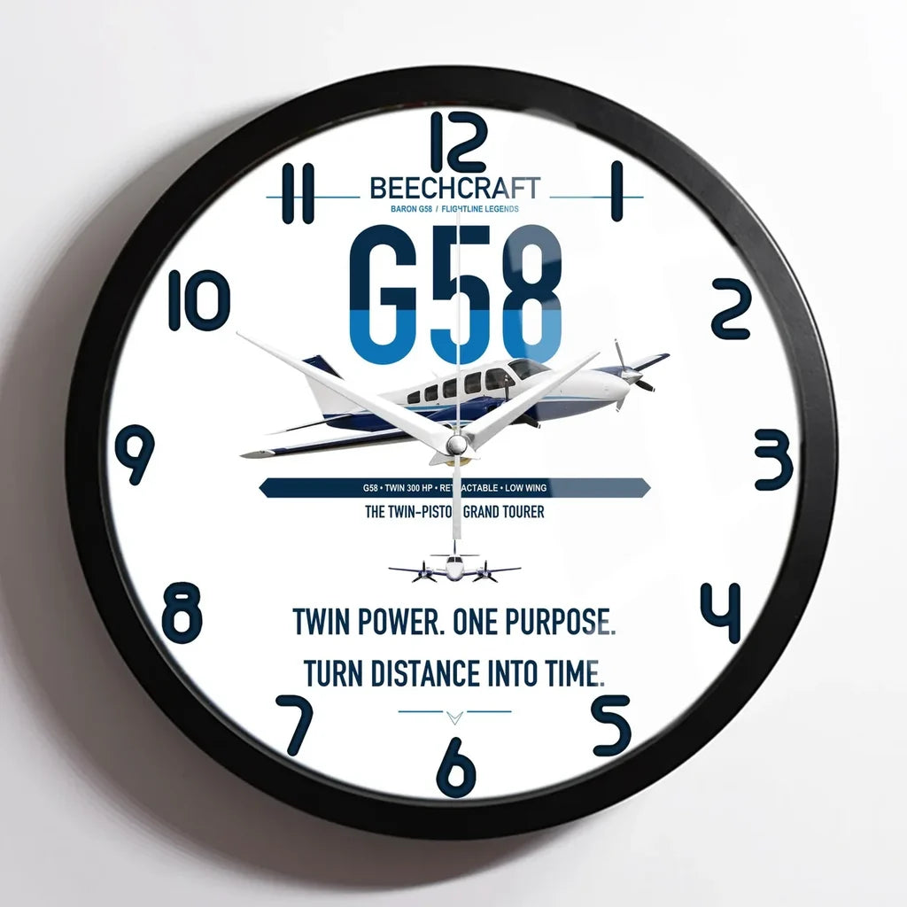 Beechcraft Baron G58 design on white framed wall clock