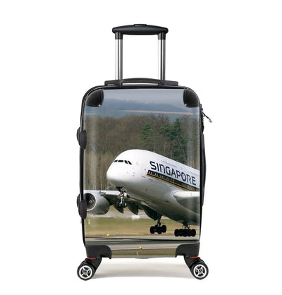 Departing Singapore Airlines A380 Cabin Size aviation design luggage, durable shell construction.