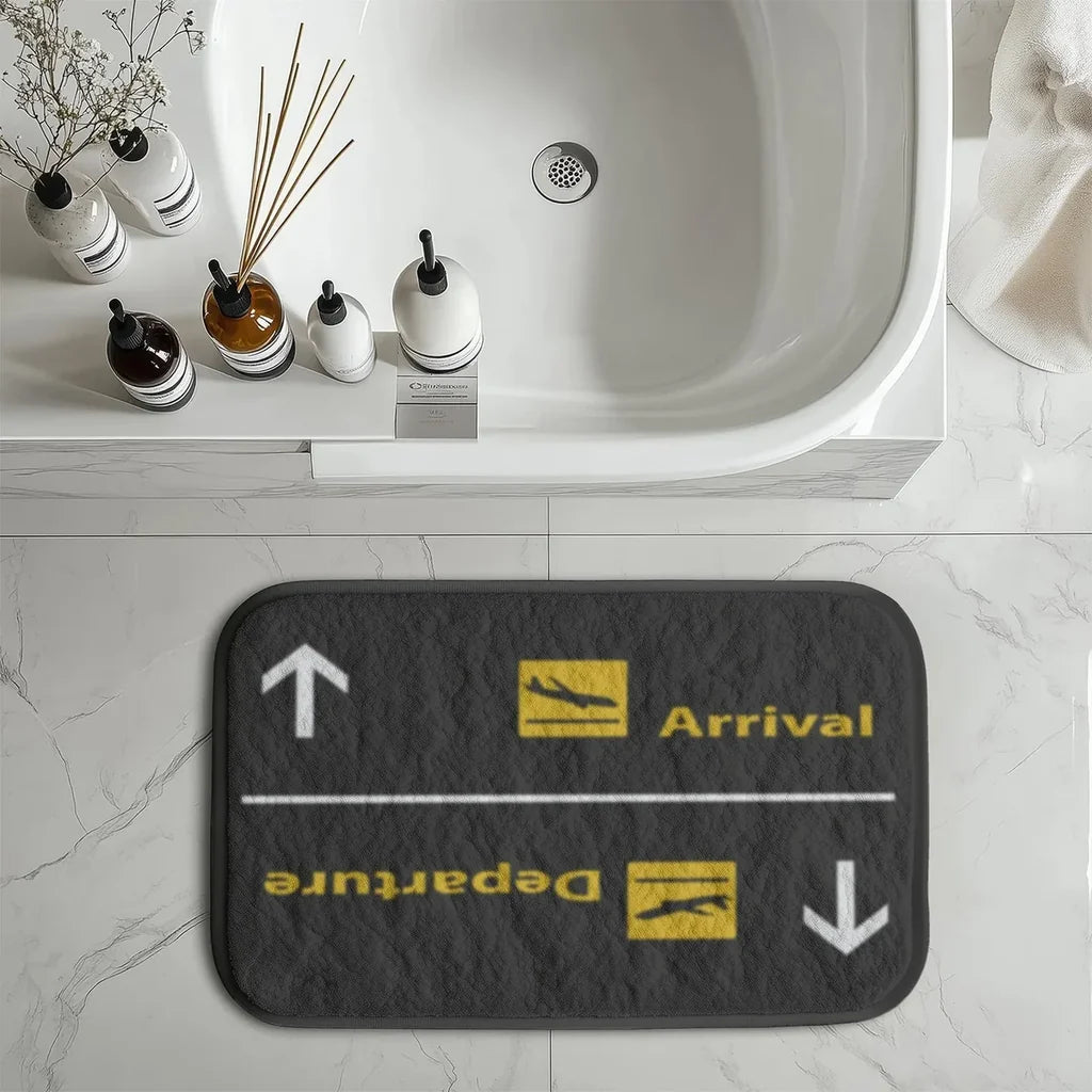 Departures & Arrivals 3 aviation print bath mat, soft absorbent fabric with non-slip backing.