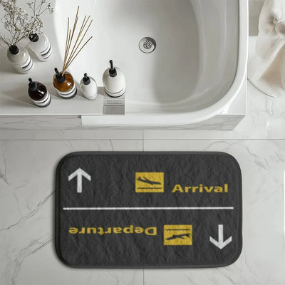 Departures & Arrivals 3 aviation print bath mat, soft absorbent fabric with non-slip backing.