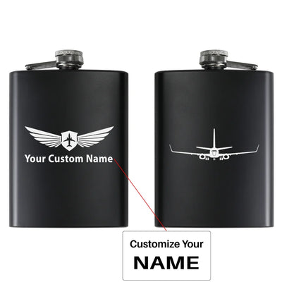 Boeing 737-800NG Silhouette aviation design on stainless hip flask, compact pocket-size flask.
