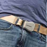 Thumbnail for Antonov & Text aviation seat-belt buckle accessory, real seat-belt webbing.