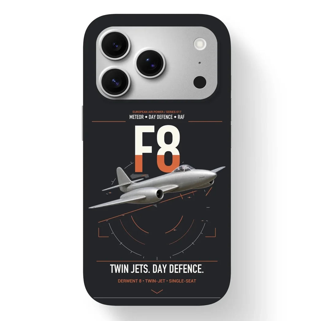Gloster Meteor F8 design on black magsafe iphone case, for iPhone 17 Pro