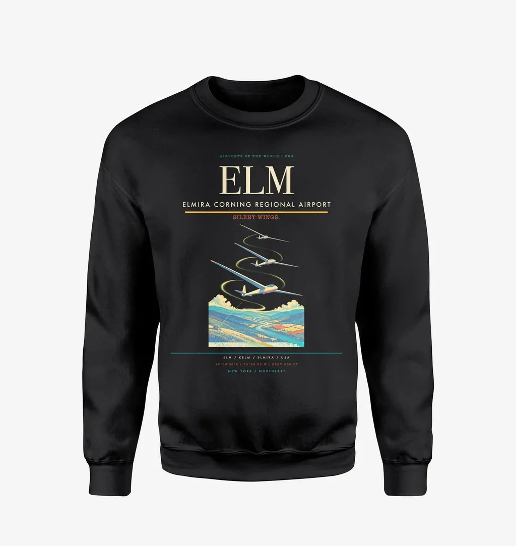 Elmira Corning Regional Airport (ELM) design on black sweatshirt