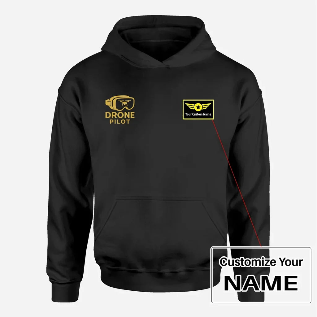 Googles & Drone aviation design on soft cotton blend men's hoodie with small chest logo.
