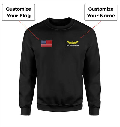 Custom Flag & Name with Badge 2 aviation design printed on soft cotton blend sweatshirt.