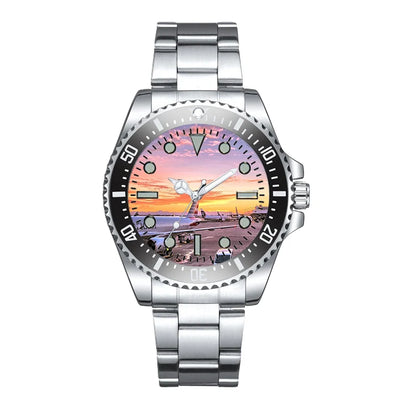 Airport Photo During Sunset Luxury Aviators aviation-themed aviator watch, polished premium stainless steel.