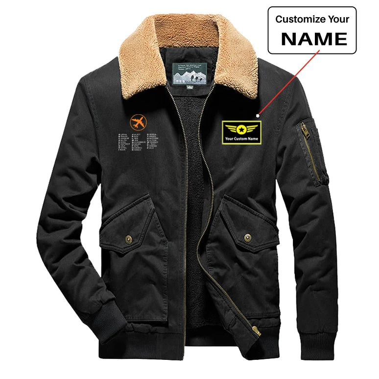 Aviation Alphabet 2 aviation design printed on heavyweight padded shell with warm lining thick bomber jacket.