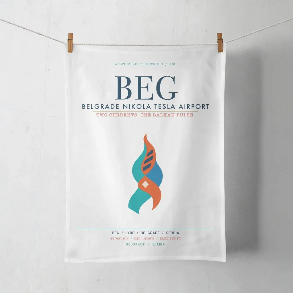 Belgrade Nikola Tesla Airport (BEG) design on white towel