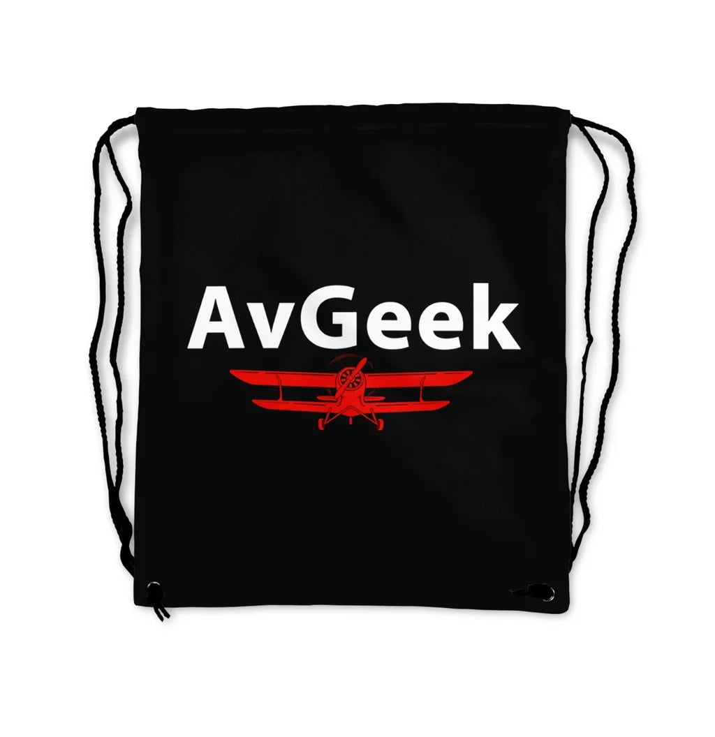 Avgeek aviation design drawstring bag, lightweight polyester construction.