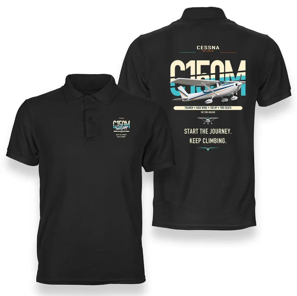 Cessna 150M design on black double-side polo t-shirt, double-side print