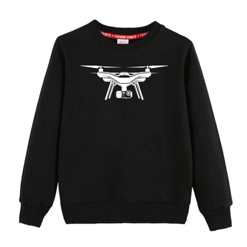Drone Silhouette "CHILDREN" aviation design printed on soft cotton blend kids' sweatshirt.