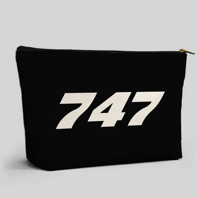 Boeing 747 Flat Text aviation design zipper pouch, durable polyester construction.