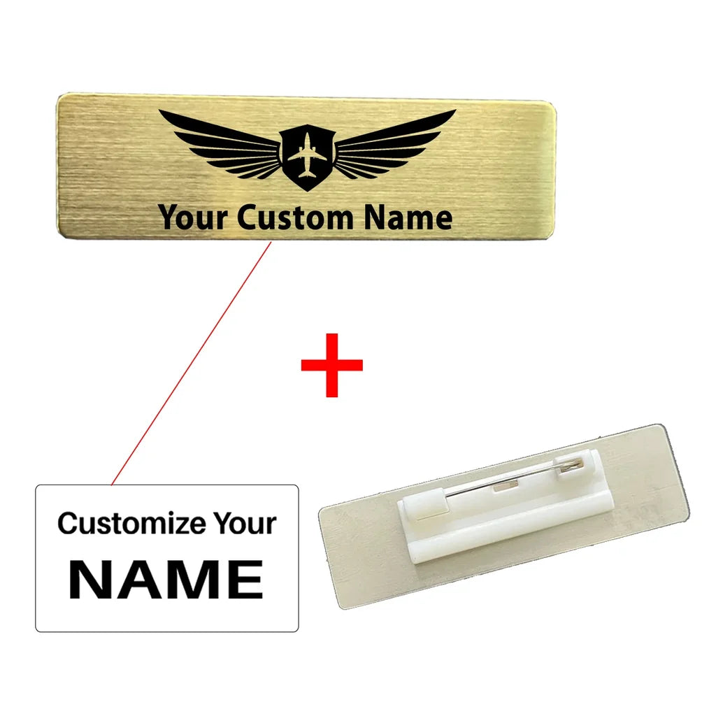 Side view of Your Custom Design Text Design 70*20MM Brooch Pin Badges aviation brooch in polished alloy, polished finish.