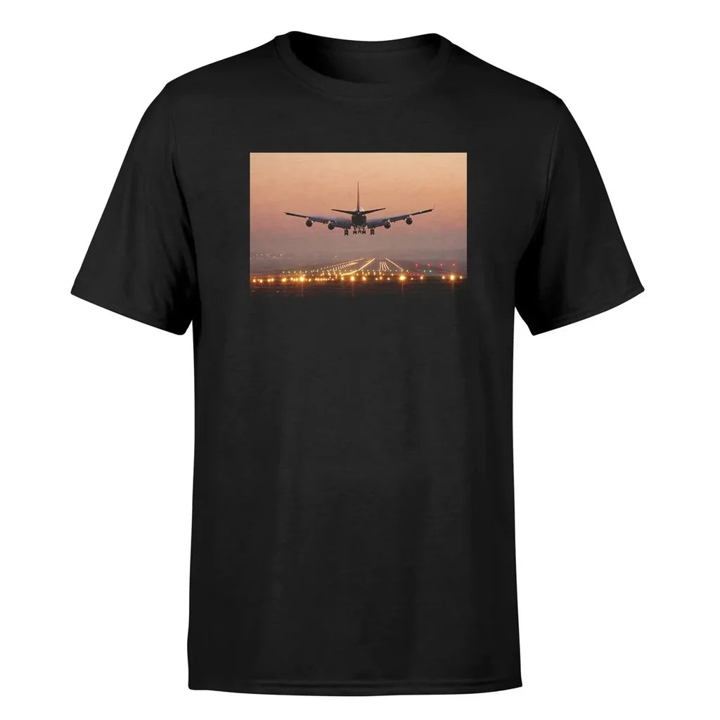 Landing Boeing 747 During Sunset aviation design printed on soft cotton image-print T-shirt.