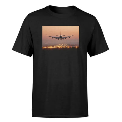 Landing Boeing 747 During Sunset aviation design printed on soft cotton image-print T-shirt.