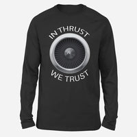 Thumbnail for In Thrust We Trust Long-Sleeve aviation design printed on soft cotton long-sleeve T-shirt.