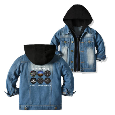 The Only Six Pack I Will Ever Need aviation design printed on denim shell with hood kids' hooded denim jacket.