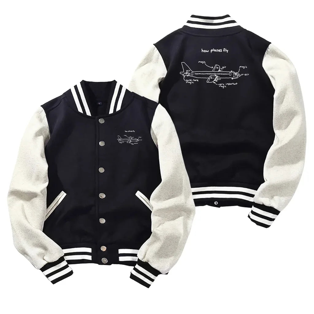 How Planes Fly Baseball Style aviation design printed on two-tone shell with ribbed cuffs baseball jacket.