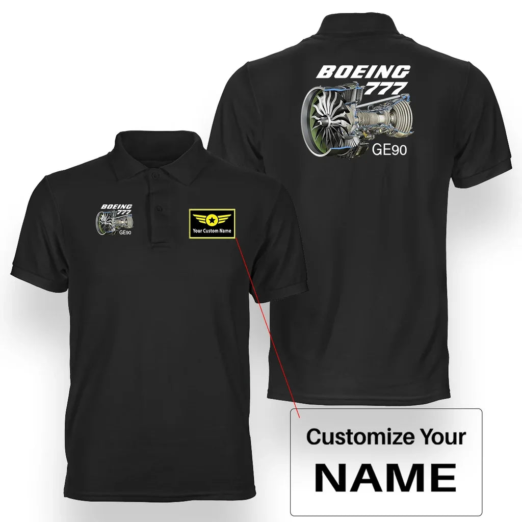 Boeing 777 & GE90 Engine aviation design printed on soft cotton double-side polo.