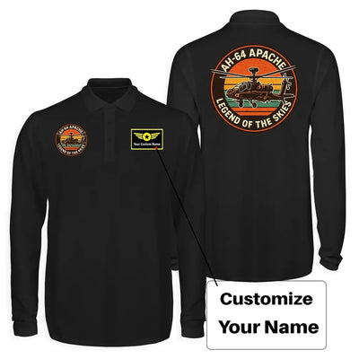 Retro Apache AH-64 Long Sleeve Polo T-Shirts (Double-Side) aviation design printed on soft cotton long-sleeve double-side polo.