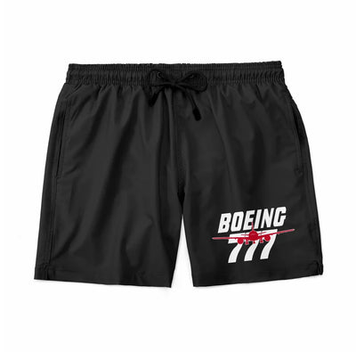 Amazing Boeing 777 aviation design on quick-dry polyester swim trunks.