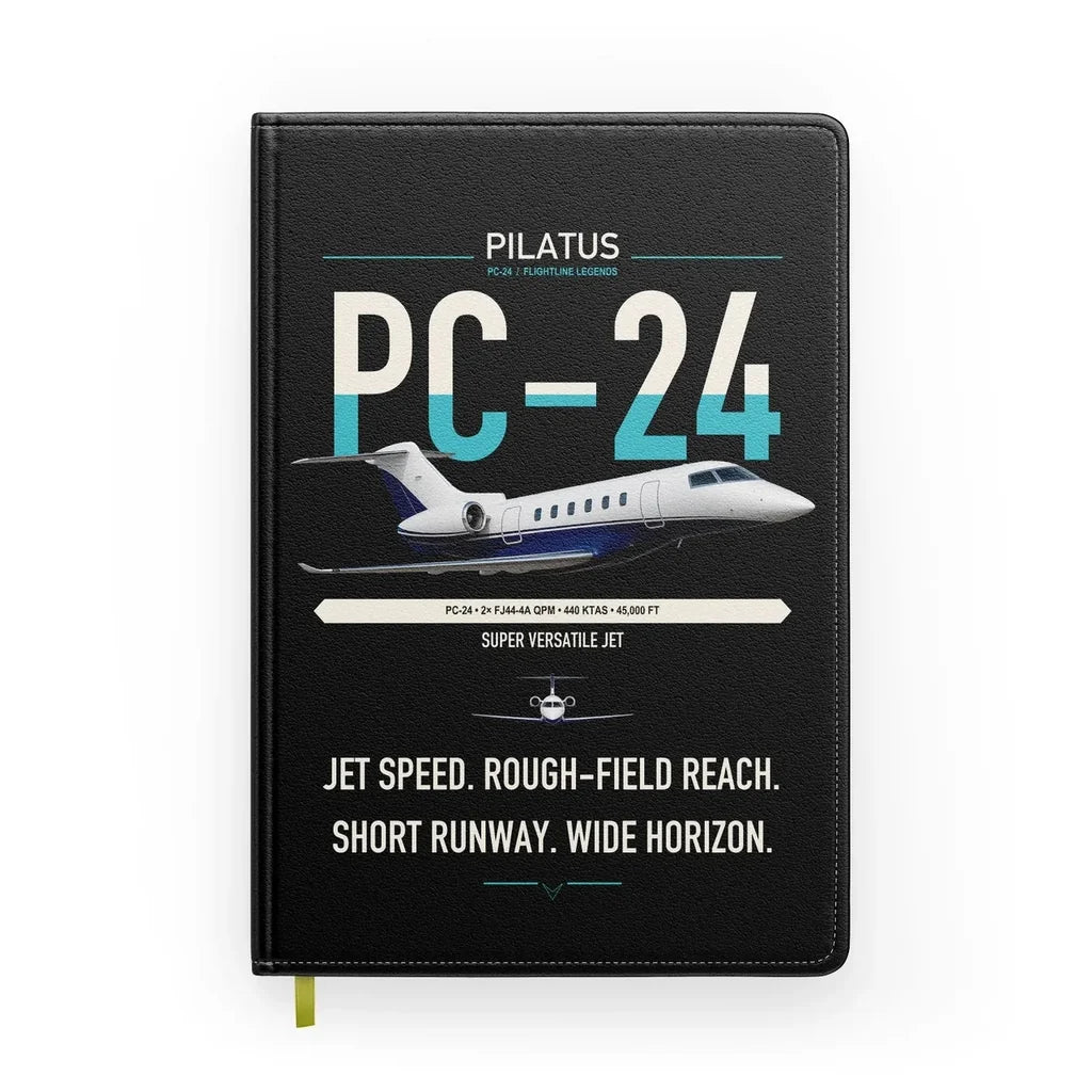 Pilatus PC-24 design on black notebook