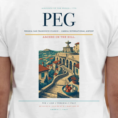 Perugia San Francesco d'Assisi – Umbria International Airport (PEG) double-side t-shirt design close-up cover