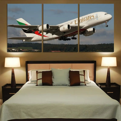 Departing Emirates A380 Printed Canvas Posters (3 Pieces) aviation art 3-piece canvas print in premium canvas with wood frame.