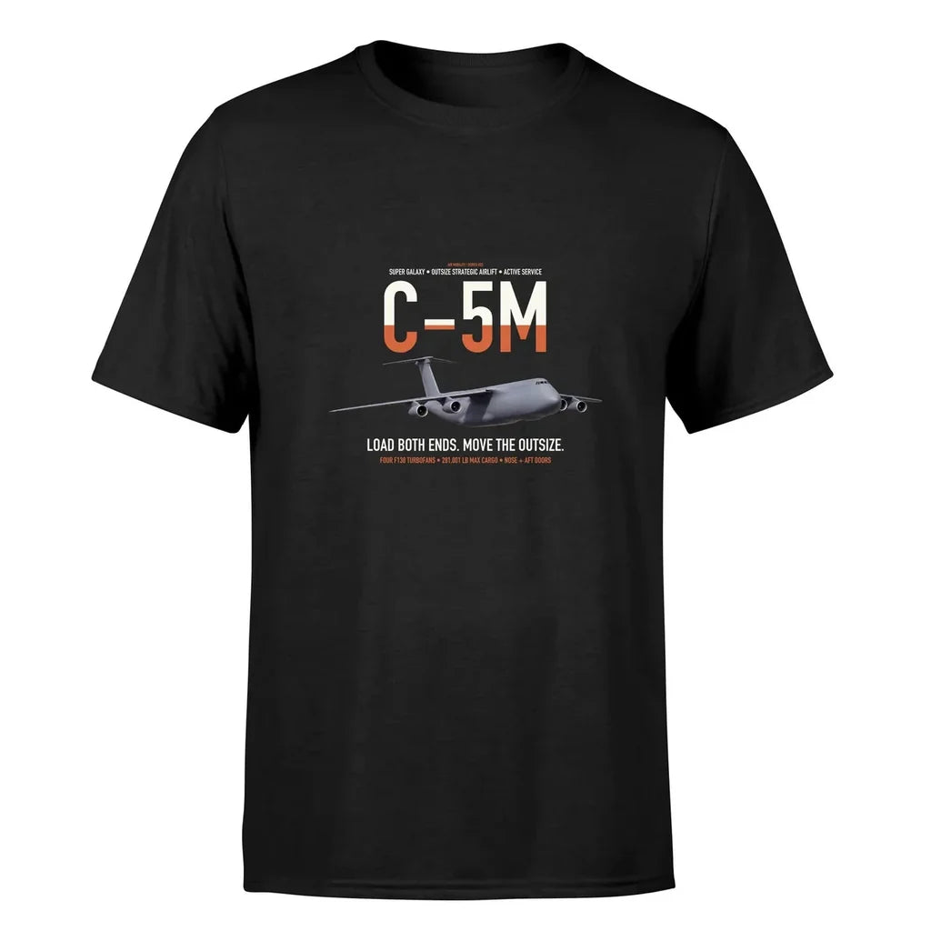 C-5M Super Galaxy design on black double-side t-shirt, single-side print