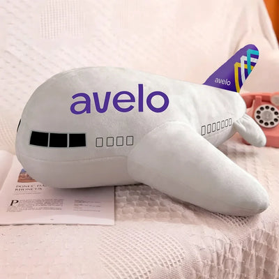 Avelo Airlines aviation design on soft polyester filling airplane-shape decorative pillow.