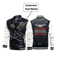 Thumbnail for Flying One Ball aviation design printed on genuine leather with modern tailored fit stylish leather jacket.