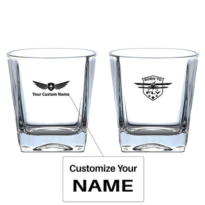 Born To Fly aviation design on whiskey glass, crystal-clear premium glassware.