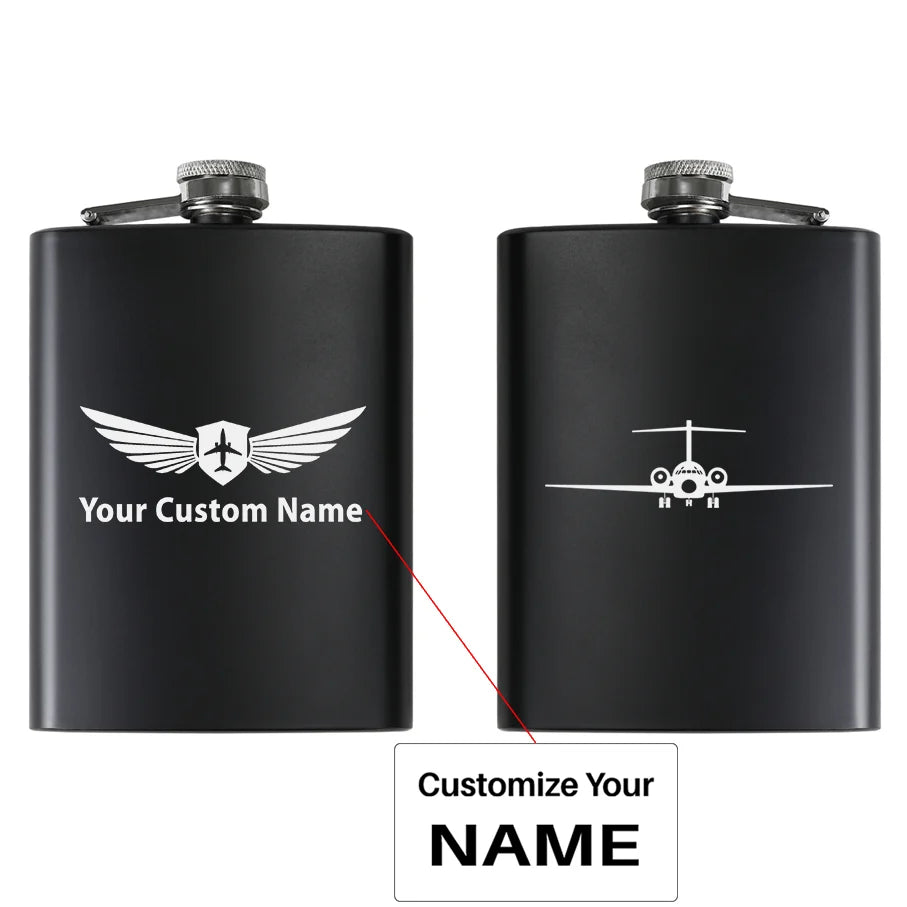 Boeing 717 Silhouette aviation design on stainless hip flask, compact pocket-size flask.