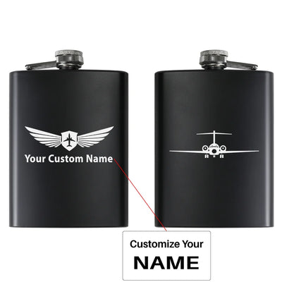 Boeing 717 Silhouette aviation design on stainless hip flask, compact pocket-size flask.