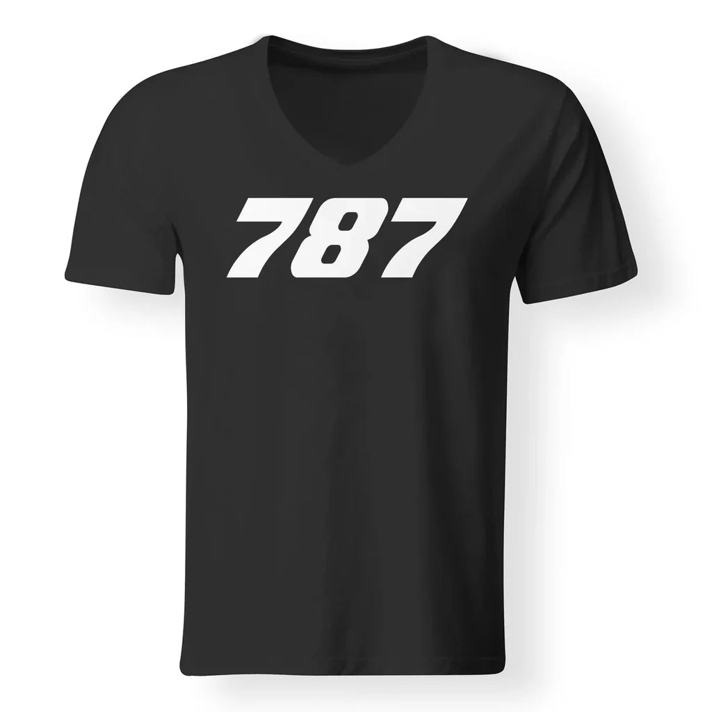 Boeing 787 Flat Text aviation design printed on soft cotton V-neck T-shirt.