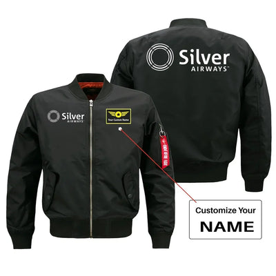 Silver Airlines aviation design with custom name embroidered on black bomber jacket