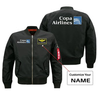 Thumbnail for Copa Airlines aviation design with custom name embroidered on black bomber jacket