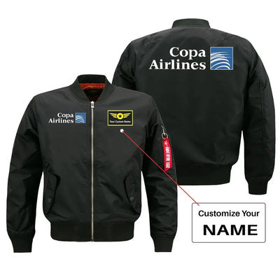 Copa Airlines aviation design with custom name embroidered on black bomber jacket