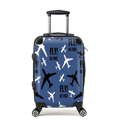 Fly Be Free Blue Cabin Size aviation print luggage, durable shell.
