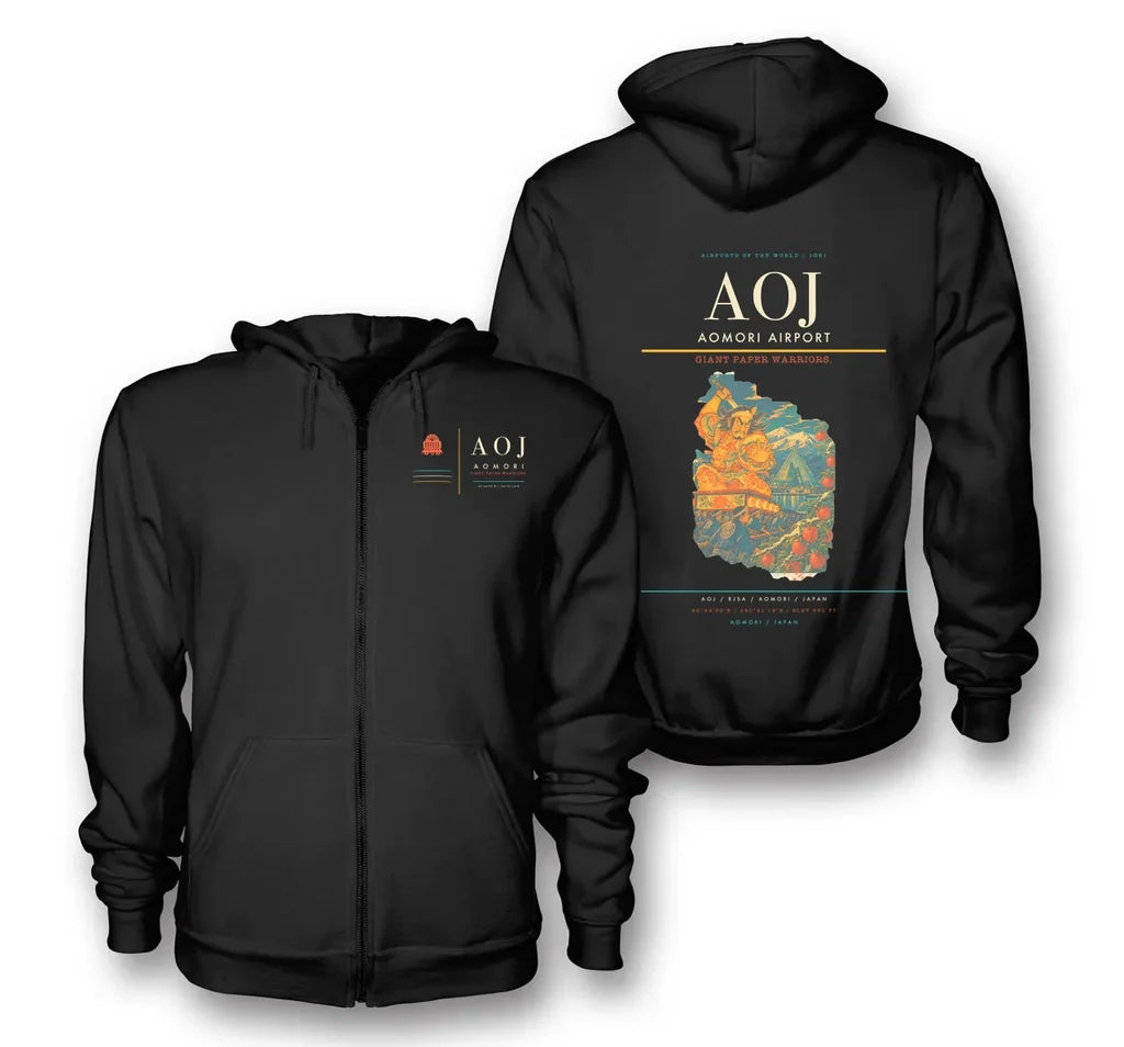 Aomori Airport (AOJ) design on black premium zipped hoodie