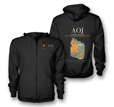 Aomori Airport (AOJ) design on black premium zipped hoodie