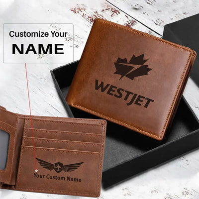 WestJet Airlines aviation design laser-engraved leather wallet, leather construction.