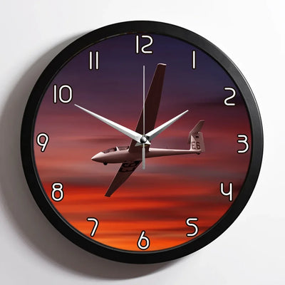 Cruising Glider at Sunset aviation design on premium wood and metal wall clock.