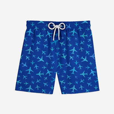 Many Airplanes (Blue) aviation print swim trunks, quick-dry polyester.