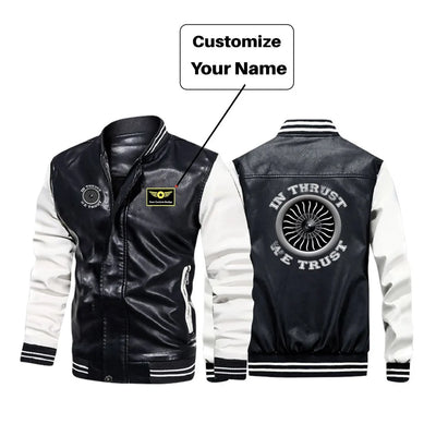 In Thrust We Trust (Vol 2) aviation design printed on genuine leather with modern tailored fit stylish leather jacket.